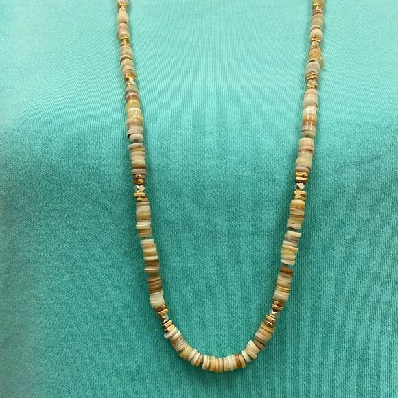 Tan, gold, and cream long bead and shell necklace - Picture 2 of 5